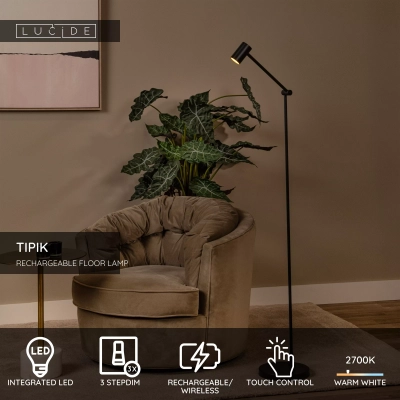 TIPIK - Akumulatorowa lampa podłogowa Battery pack- LED 3 StepDim - 1x3W 2700K - Black 36722/03/30 Lucide